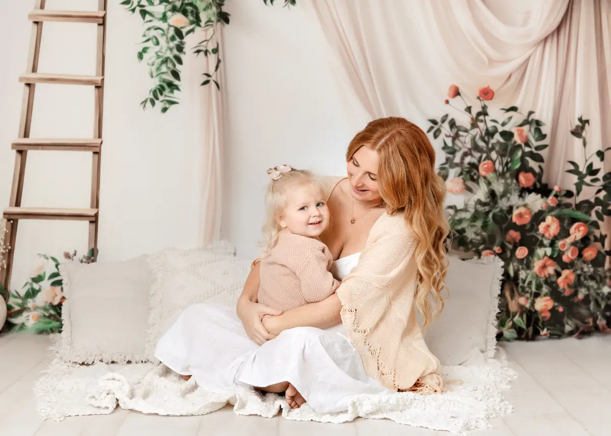 Kate Spring Green Plant Orange Flower Wooden Ladder Beige Curtain White Wall Backdrop Designed by Patty Robert