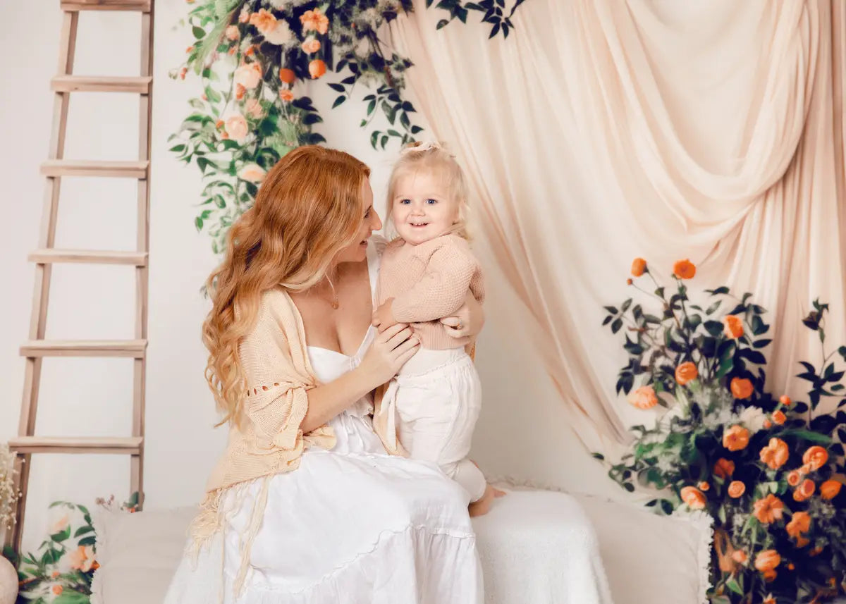 Kate Spring Green Plant Orange Flower Wooden Ladder Beige Curtain White Wall Backdrop Designed by Patty Robert