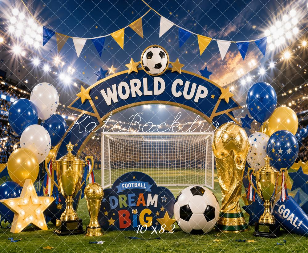 Kate Soccer World Cup Trophy Gold Balloons Stadium Printed Backdrop Designed by Chain Photography
