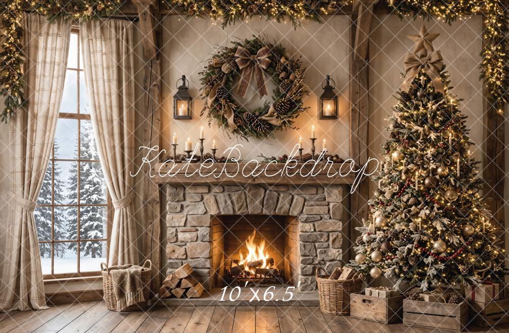 Kate Christmas Rustic Stone Fireplace Tree Window Printed Backdrop Designed by Emetselch