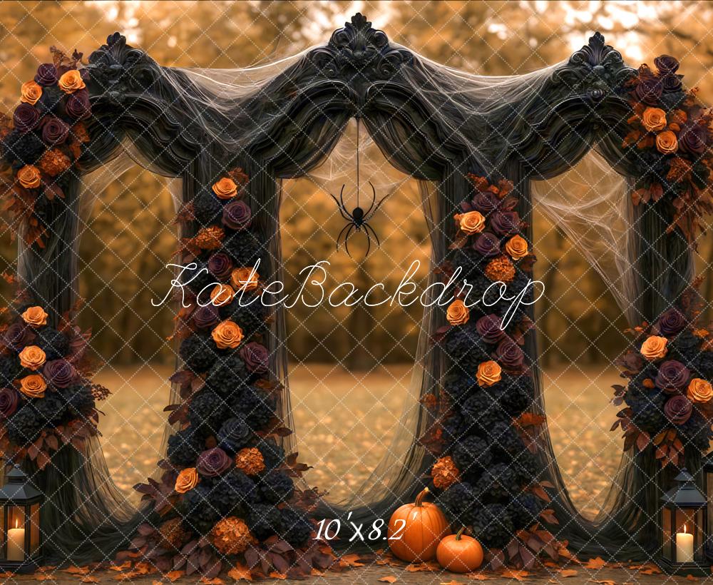 Kate Halloween Black Floral Arch Pumpkins Lanterns Spider Webs Backdrop Designed by Mini MakeBelieve