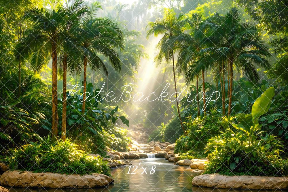 Kate Jungle Sun Rays Stream Rocks Printed Backdrop Designed by Mini MakeBelieve