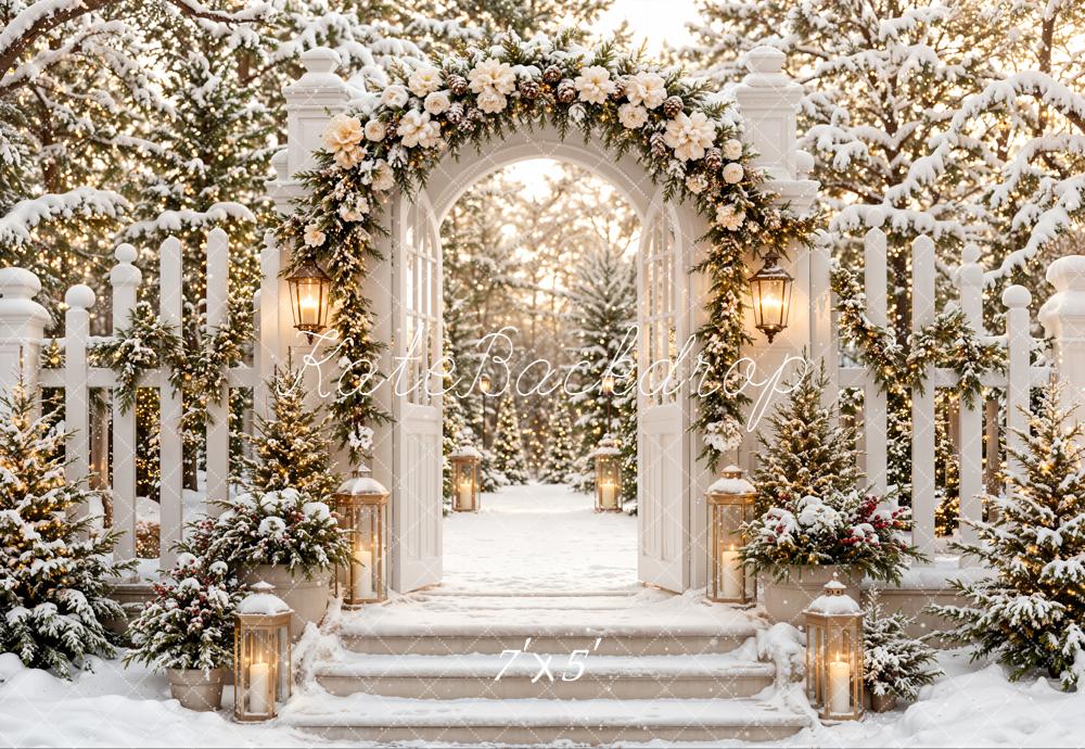 Kate Christmas Winter Flower Arch Gate Snowy Stairs Garden Fence Printed Backdrop Designed by Emetselch