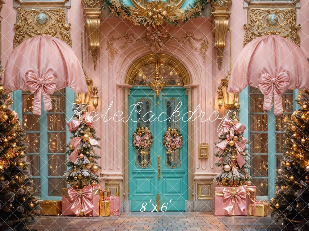 Kate Christmas Retro Arch Door Pink Bow Ornaments Backdrop Designed by Emetselch