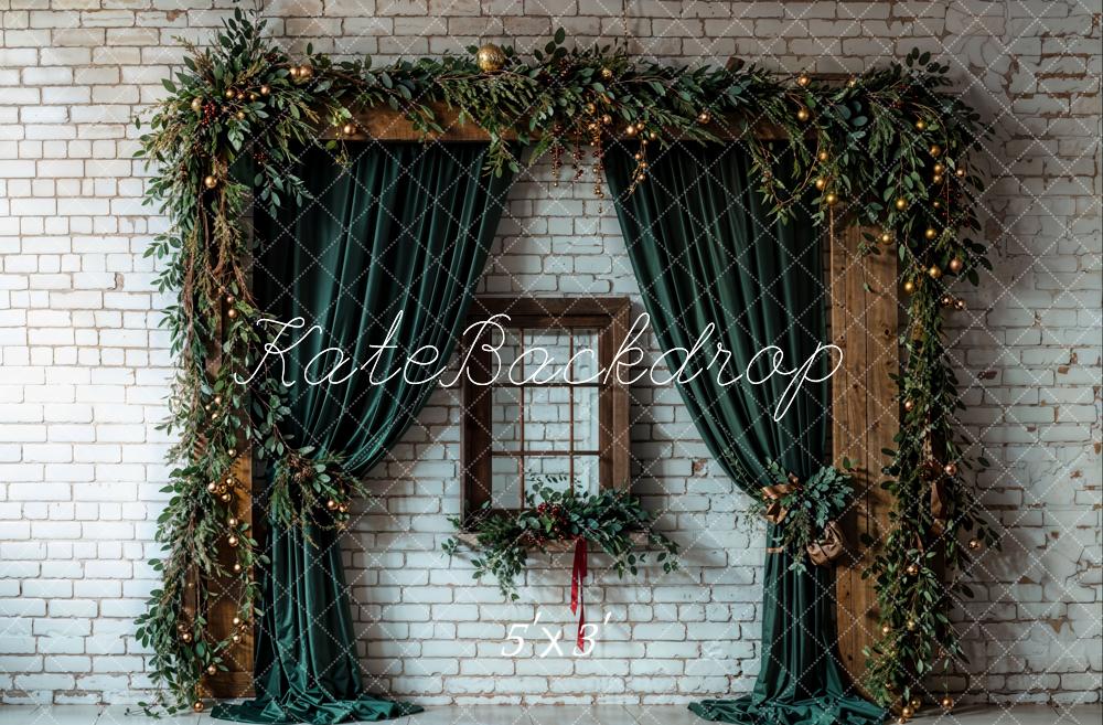 Kate Christmas Green Curtain Brown Window White Brick Wall Printed Backdrop Designed by Emetselch