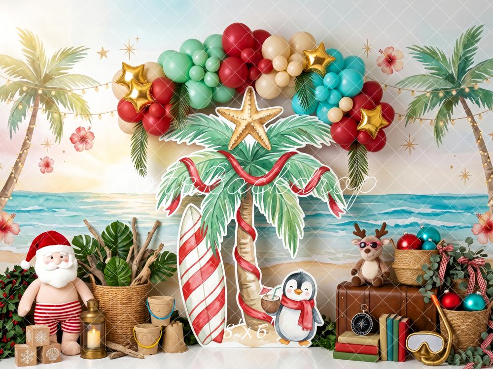 Kate Christmas Australian Tropical Beach Santa Balloon Arch Printed Backdrop Designed by Patty Roberts