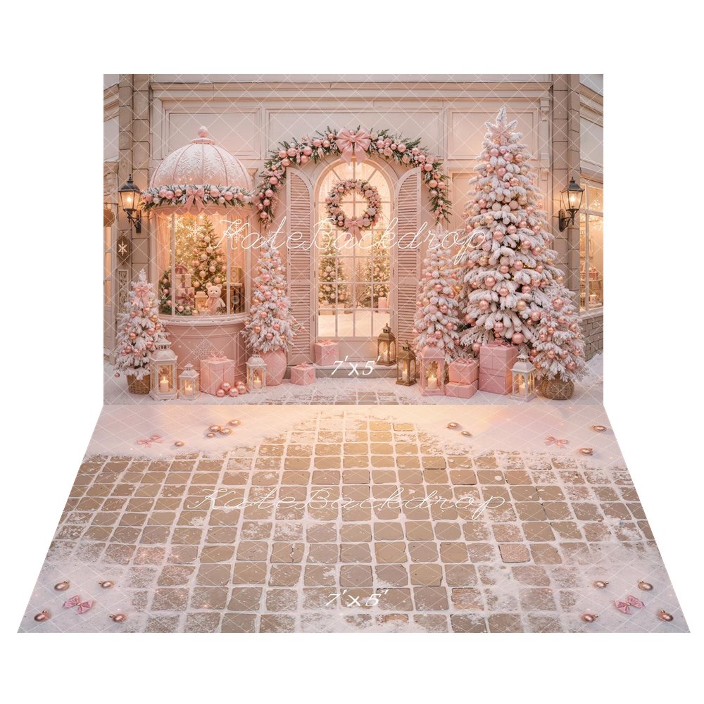 Kate Christmas Shop Pink Snowy Trees Garland Wreath Gift Boxes Printed Backdrop+Snowy Pink Tile Floor Printed Backdrop