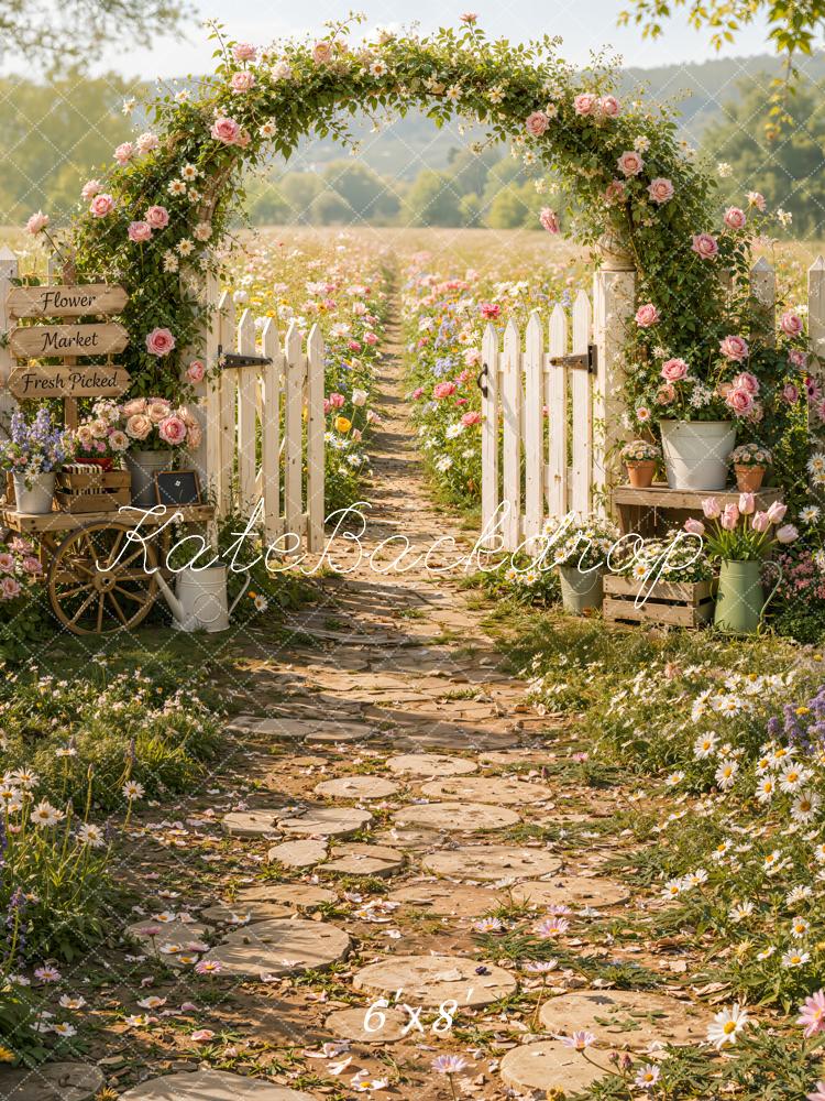 Kate Spring Flower Arch Garden Pathway White Fence Field Printed Backdrop Designed by Emetselch