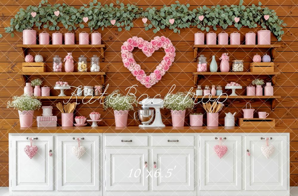 Kate Valentine's Day Pink Heart Floral Kitchen Cabinet Backdrop Designed by Patty Roberts