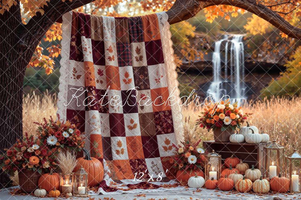 Kate Fall Blanket Branch Arch Pumpkins Waterfall Floral Printed Backdrop Designed by Mini MakeBelieve