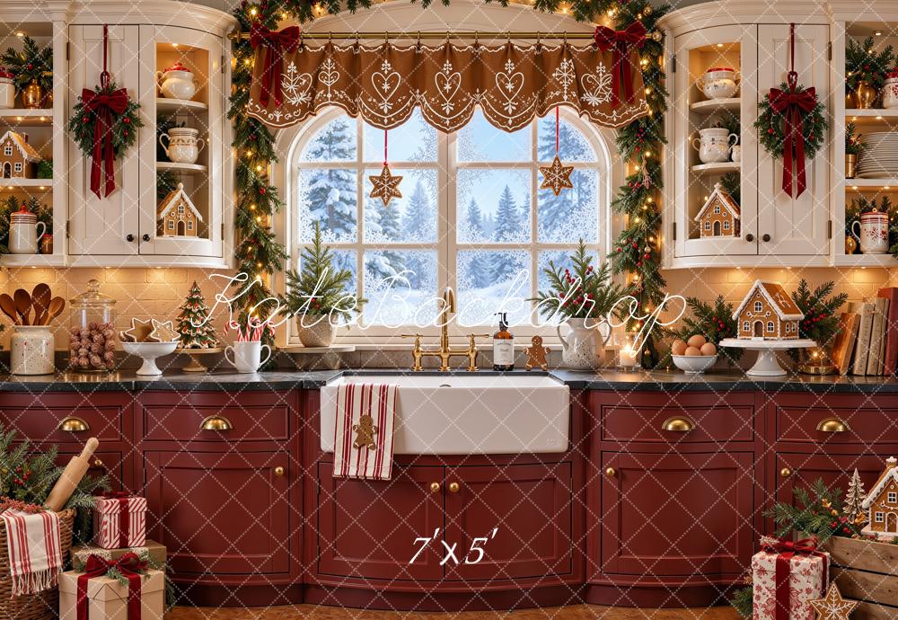 Kate Christmas Kitchen Gingerbread Window Red White Cabinet Printed Backdrop Designed by Shutter Swan Studios