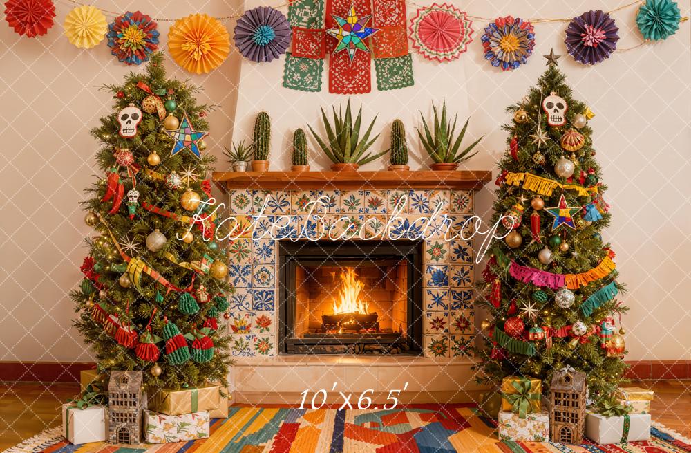 Kate Christmas Mexican Navidad Fireplace Trees Papel Picado Backdrop Designed by Emetselch