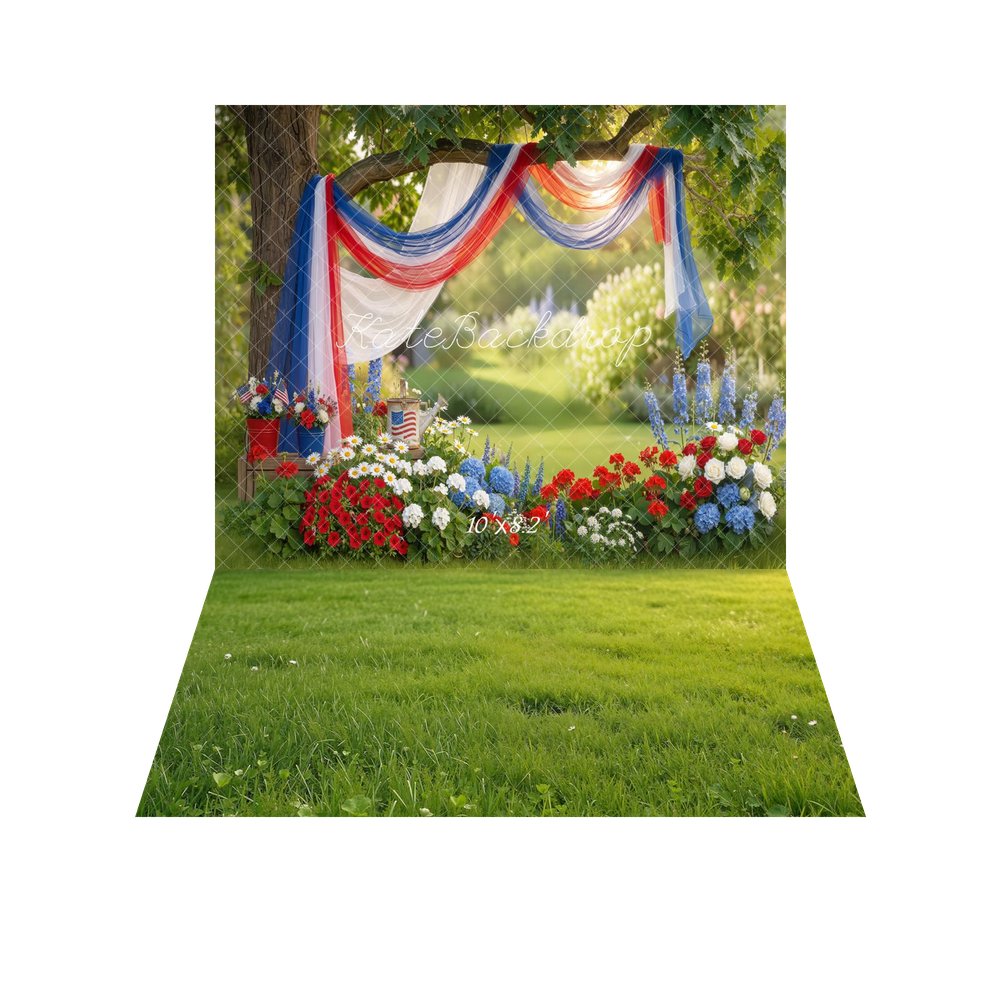 Kate 4th Of July Patriotic Red White Blue Drapes Garden Flowers Printed Backdrop+Summer Green Grass Floor Mat
