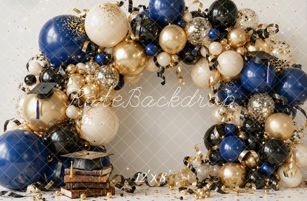 Kate Graduation Balloon Arch Stacked Books Navy Gold Printed Backdrop Designed by Emetselch