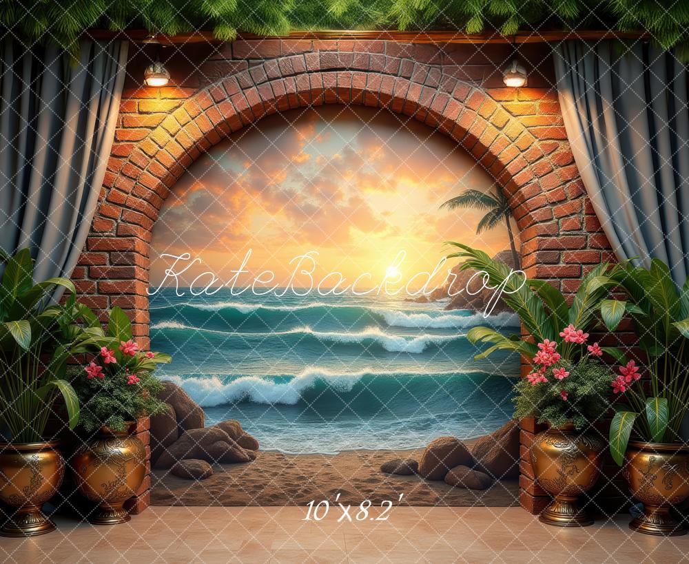 Kate Summer Brick Arch Beach Sunset Ocean Waves Printed Backdrop Designed by Laura Bybee