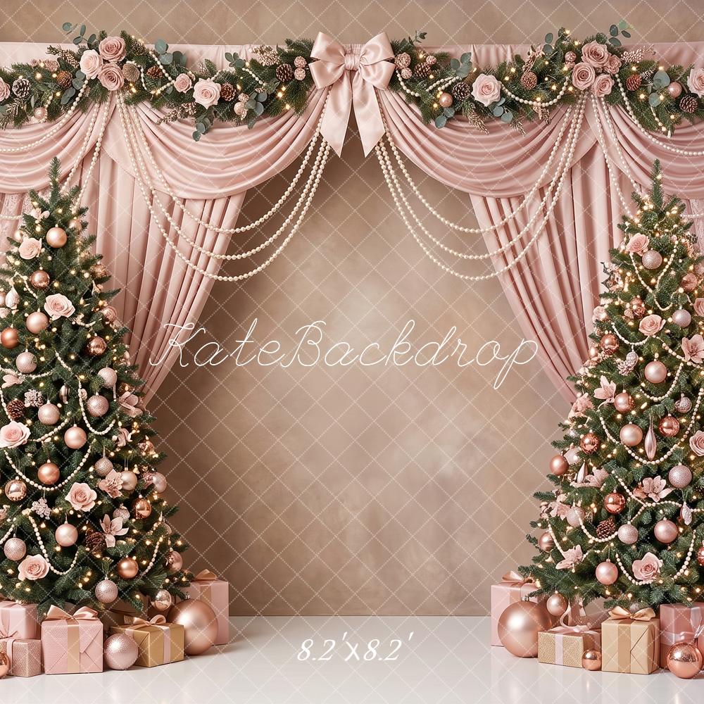 Kate Christmas Trees Pink Drapes Pearl Swags Floral Printed Backdrop Designed by Angela Miller