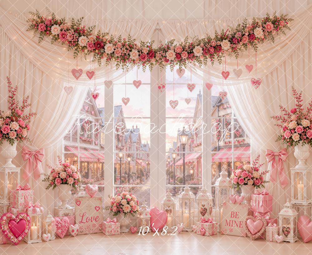 Kate Valentine's Day Floral Window Hanging Hearts Street View Printed Backdrop Designed by Emetselch