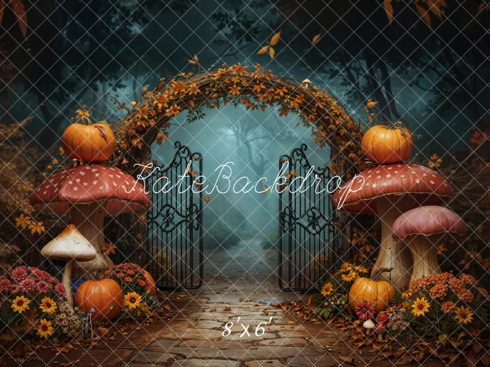 Halloween Mushroom Arch Pumpkins Gate Flowers Printed Backdrop Designed by Emetselch