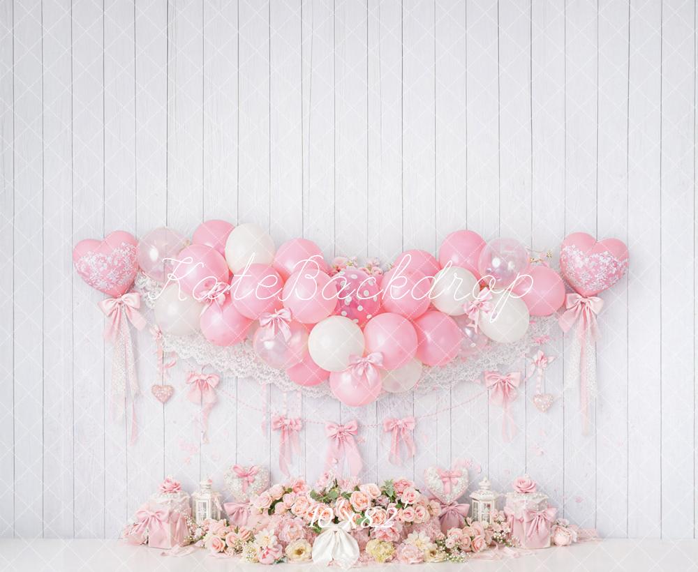 Kate Cake Smash Coquette Pink Balloon Heart Bows Floral Printed Backdrop Designed by Mandy Ringe Photography