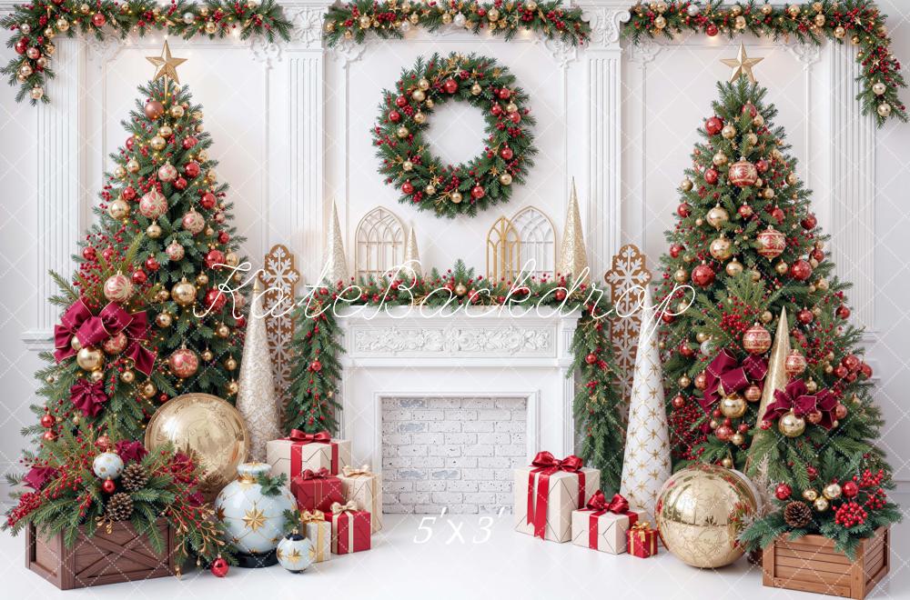 Kate Christmas Fireplace Christmas Tree Garland Presents Printed Backdrop Designed by Mini MakeBelieve