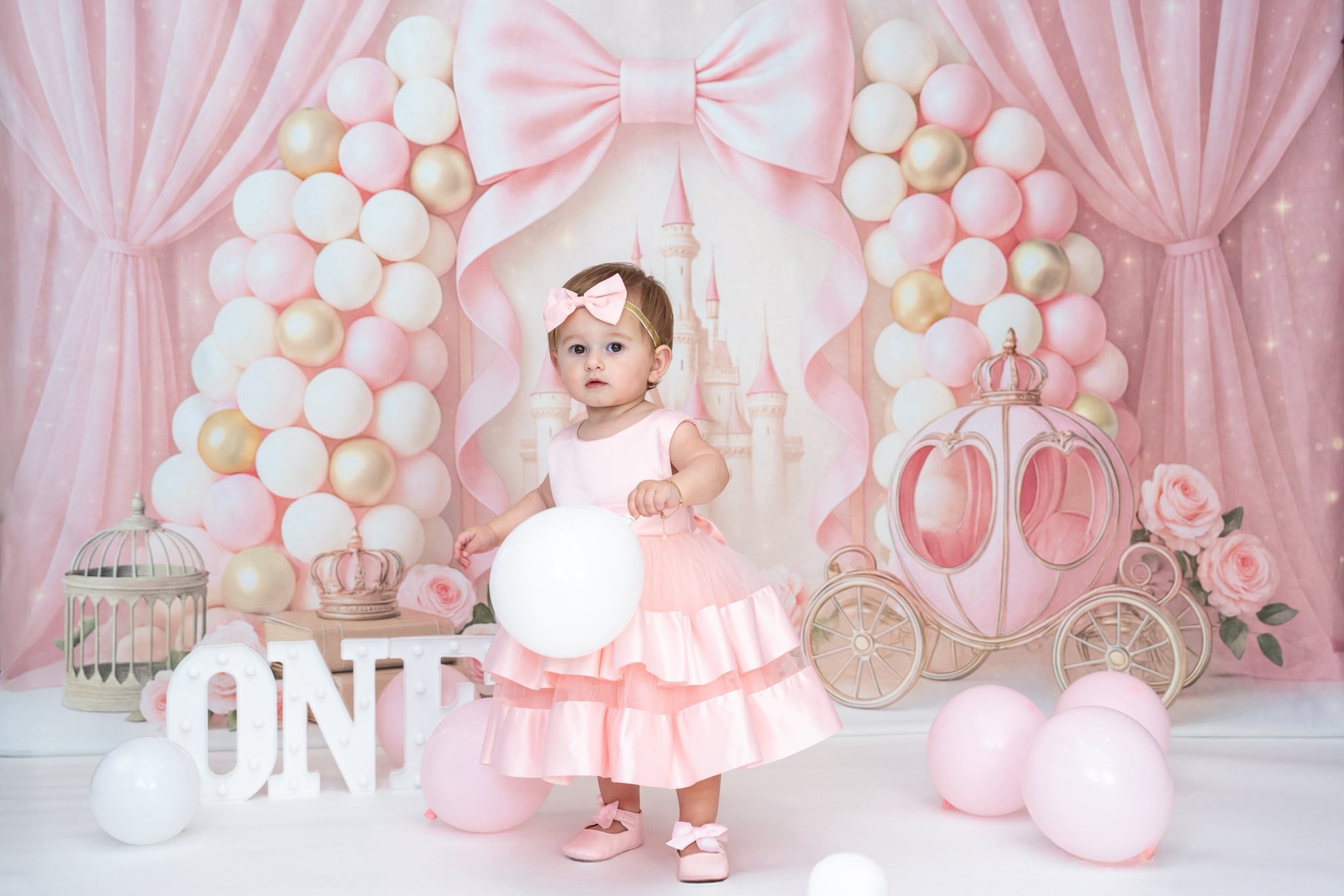 Kate Cake Smash Castle Pink Princess Carriage Backdrop Designed by Ashley Paul
