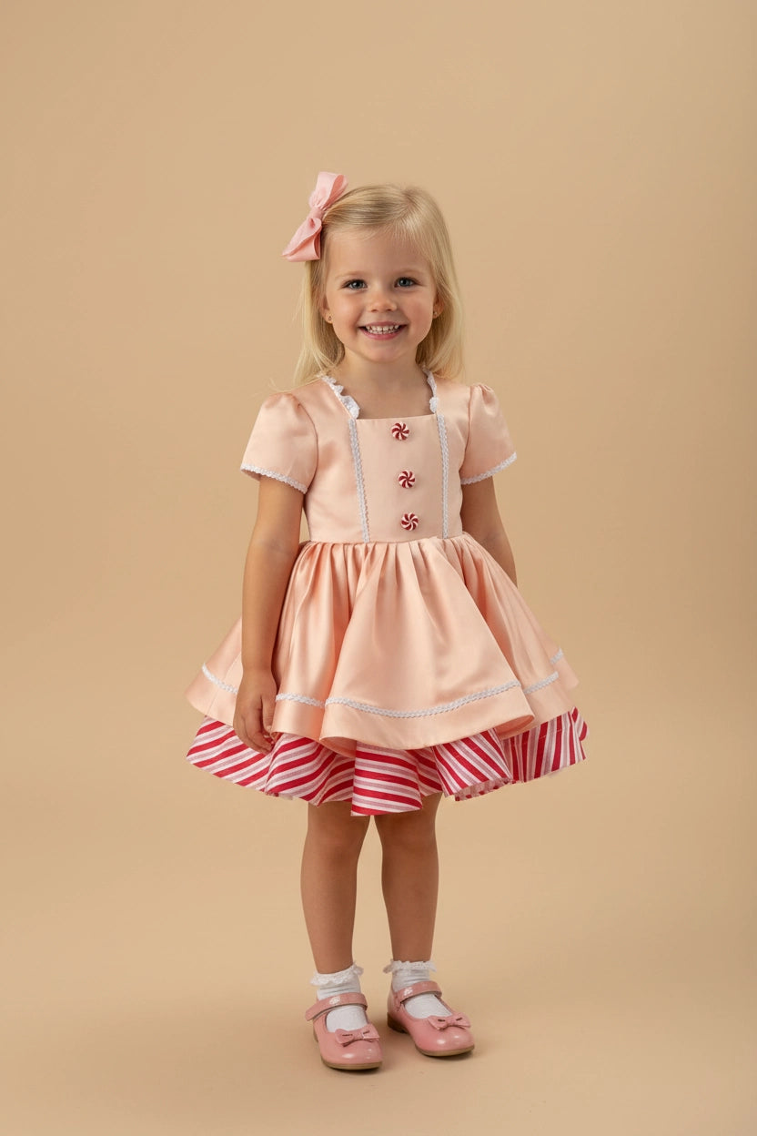 Vestido de Niña de Rayas de Caramelo Rosa de Navidad para Fotografía
