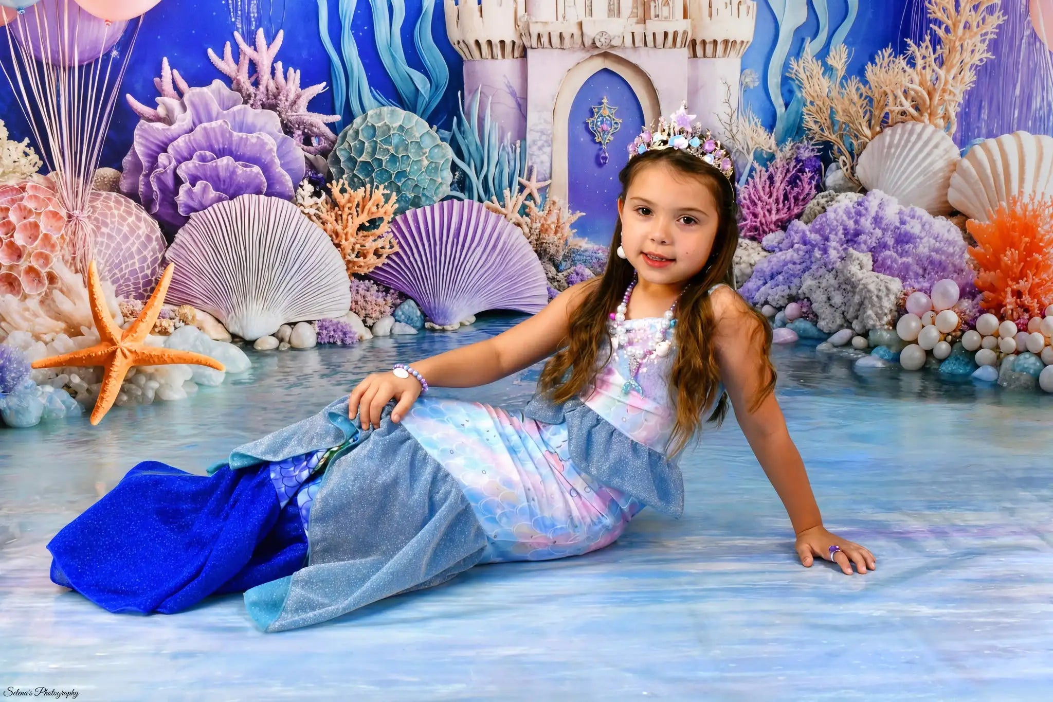 Kate Mermaid Castle Underwater Balloons Printed Backdrop+Water Floor Printed Backdrop