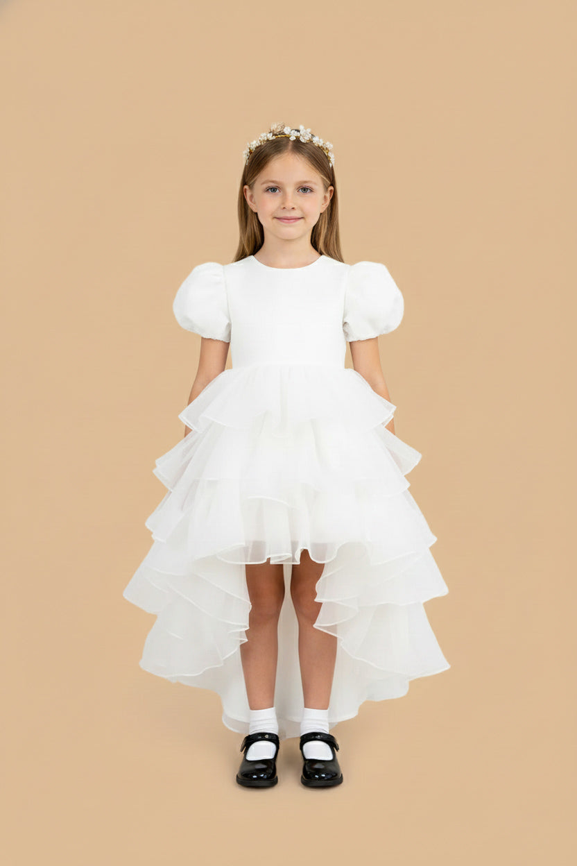 white pearl mesh dress Kate Pure White Mesh Long Tail Children's Gown Dress with pearl Hair band, 5Y