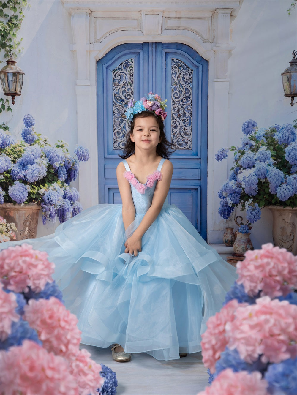 Kate Blue Flower Kids Dress for Photography(Without Headgear)