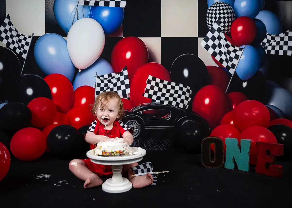 Kate Birthday Race Car Checkered Flag Balloon Cake Smash Backdrop for Photography