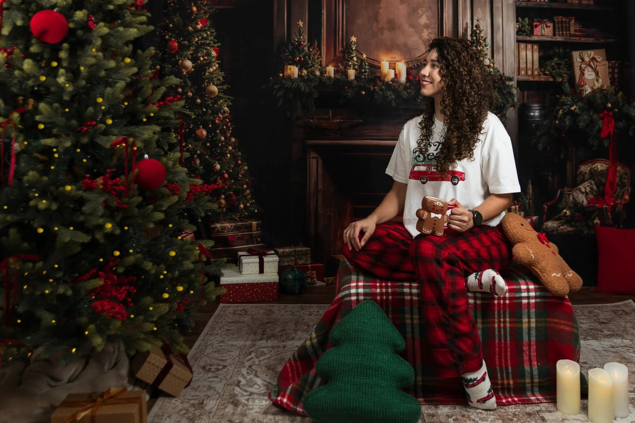 Kate Christmas Tree Gift Bookshelf Brown Fireplace Backdrop Designed by Emetselch