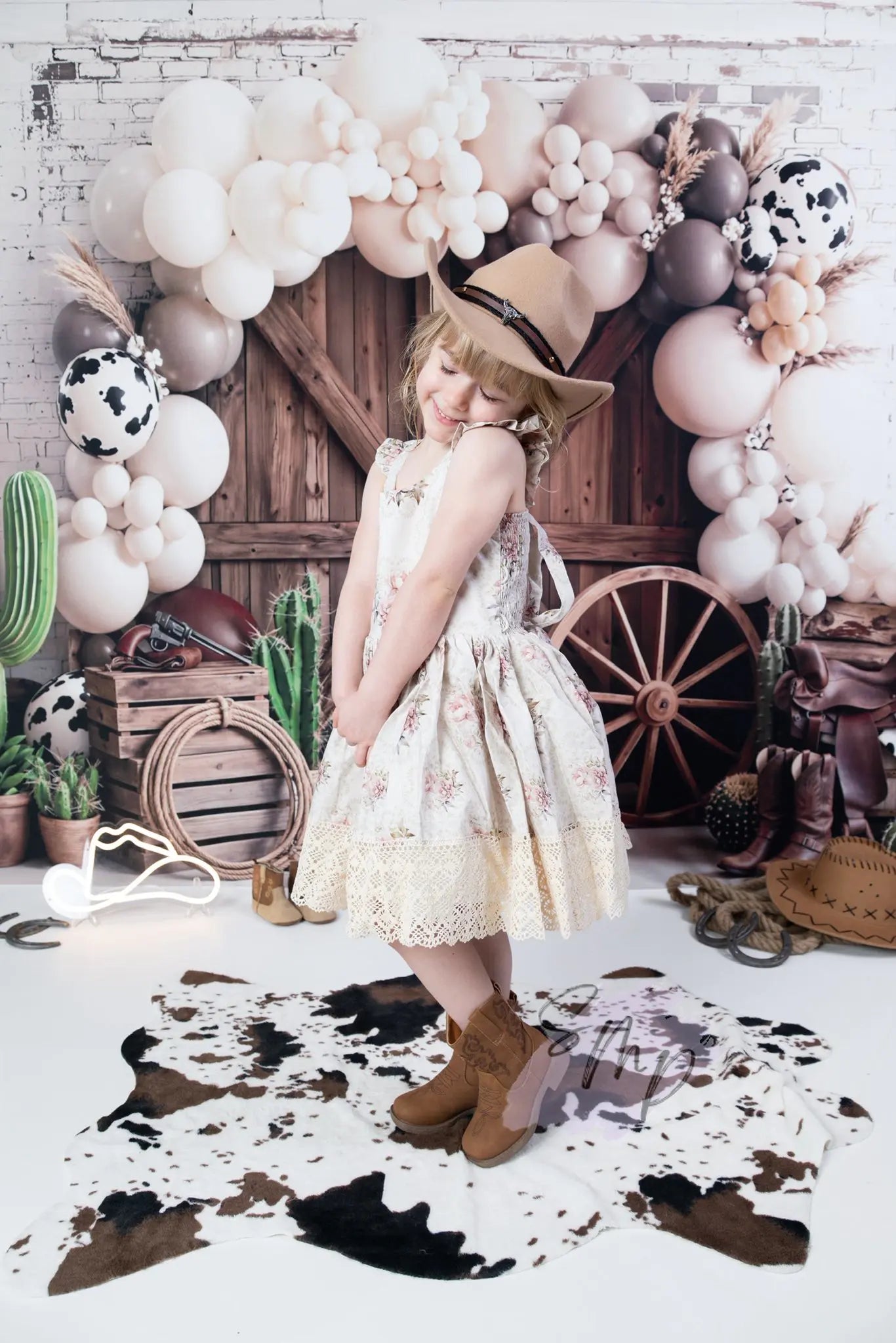 Kate Western Barn Door Cow Print Balloon Arch Cactus Printed Backdrop Designed by Emetselch