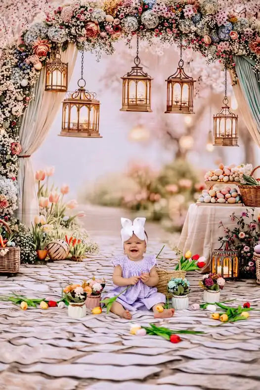 Kate Easter Spring Flower Arch Pastel Eggs Lanterns Garden Pink Backdrop+Cobblestone Floor Backdrop