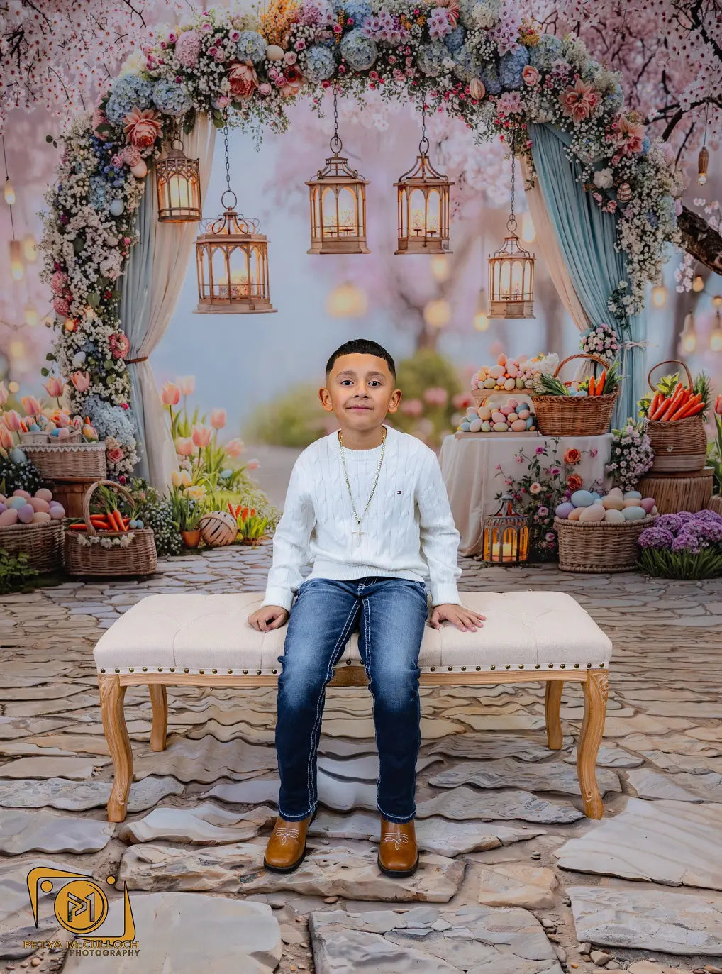 Kate Easter Spring Flower Arch Pastel Eggs Lanterns Garden Pink Backdrop+Cobblestone Floor Backdrop