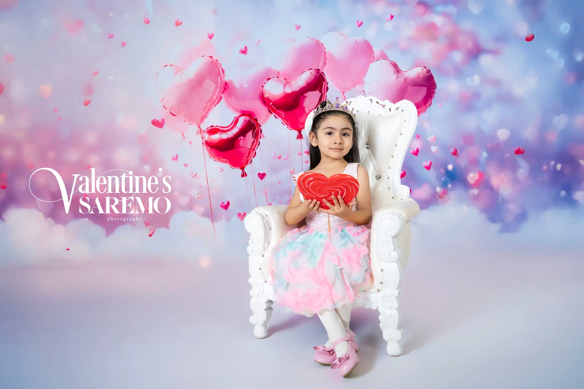 Kate Valentines Pink Heart Balloons Clouds Printed Backdrop Designed by Emetselch