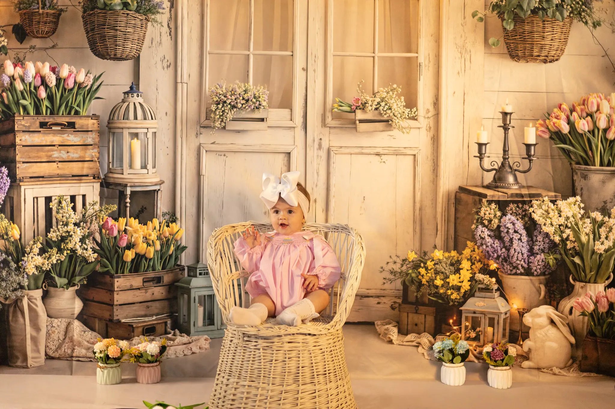 Kate Spring Flower Crates Rustic Door String Lights Backdrop Designed by Emetselch