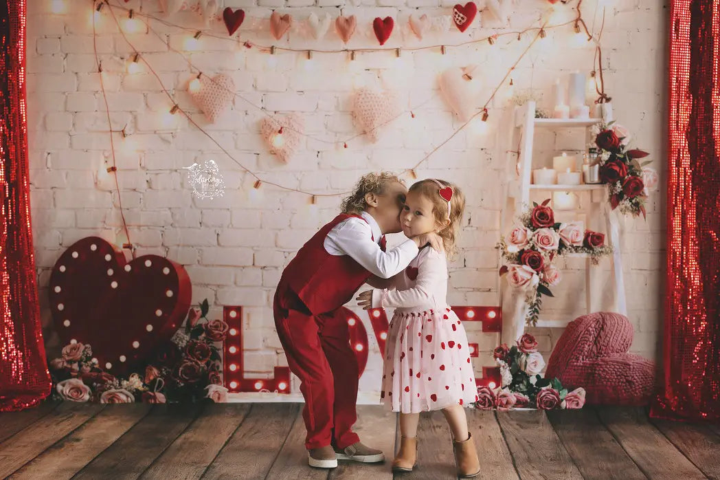Kate Valentine's Day Love Heart Roses Lights Printed Backdrop Designed by Emetselch