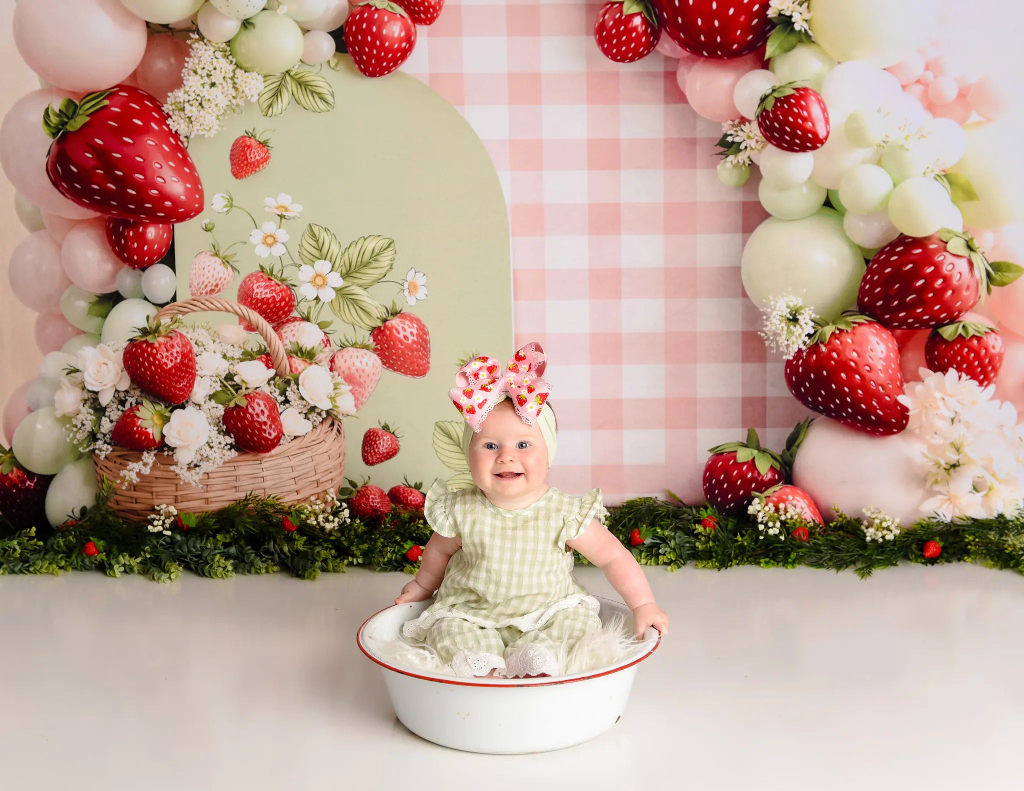 Kate Cake Smash Strawberry Balloon Arch Gingham Basket Flowers Printed Backdrop Designed by Emetselch