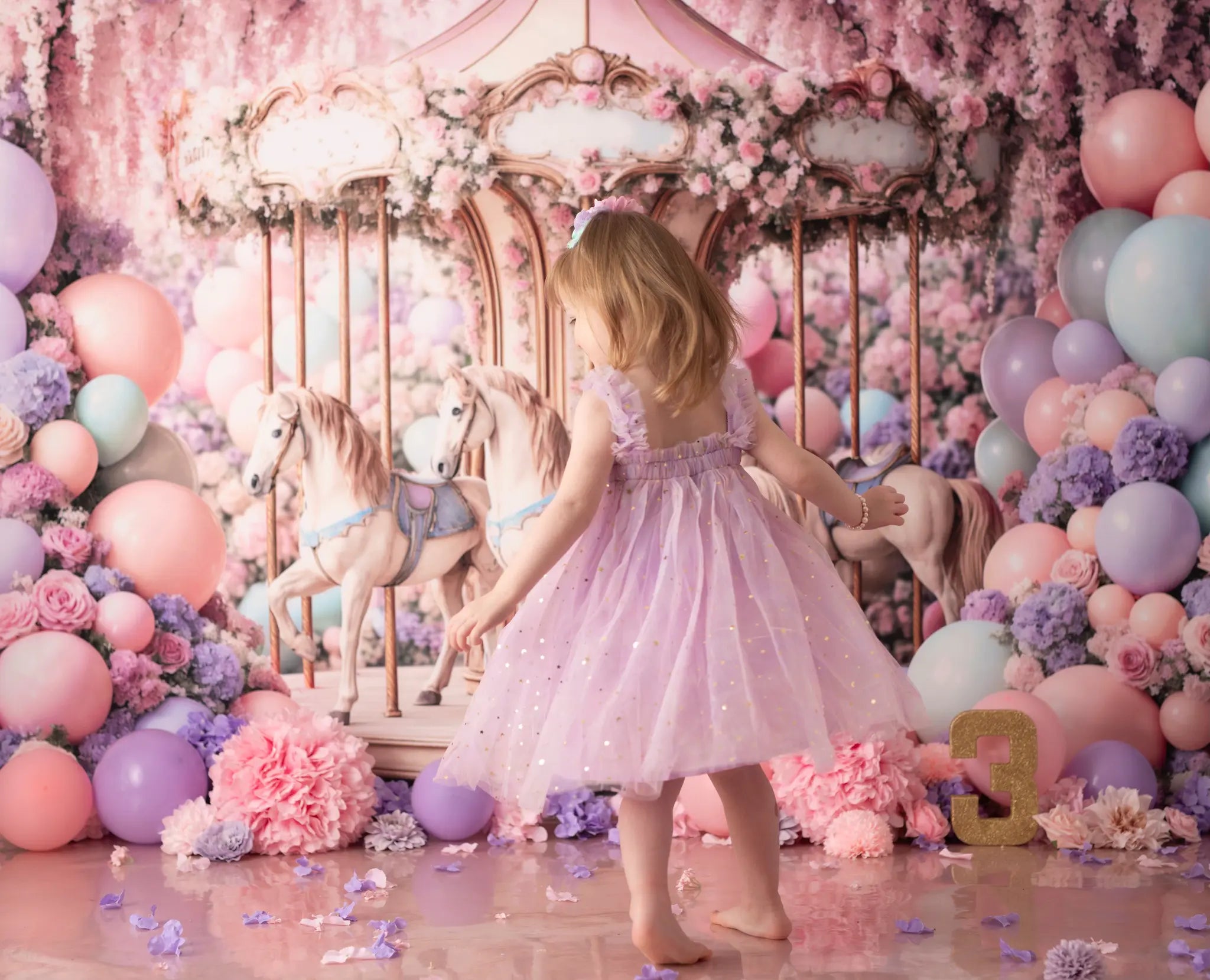 Kate Birthday Carousel Floral Balloons Pastel Printed Backdrop Designed by Ashley Paul