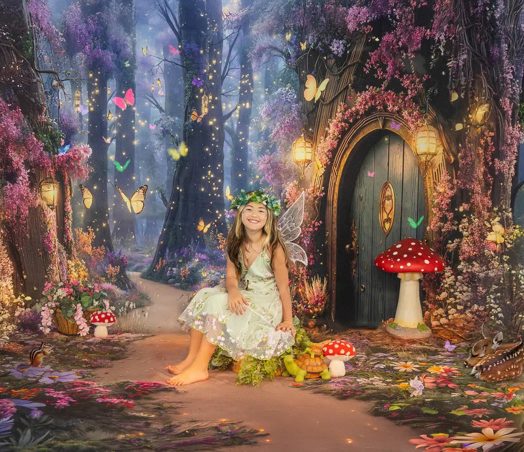 Kate Spring Sweep Fairy Tale Forest Tree House Butterflies Pathway Backdrop Designed by Emetselch