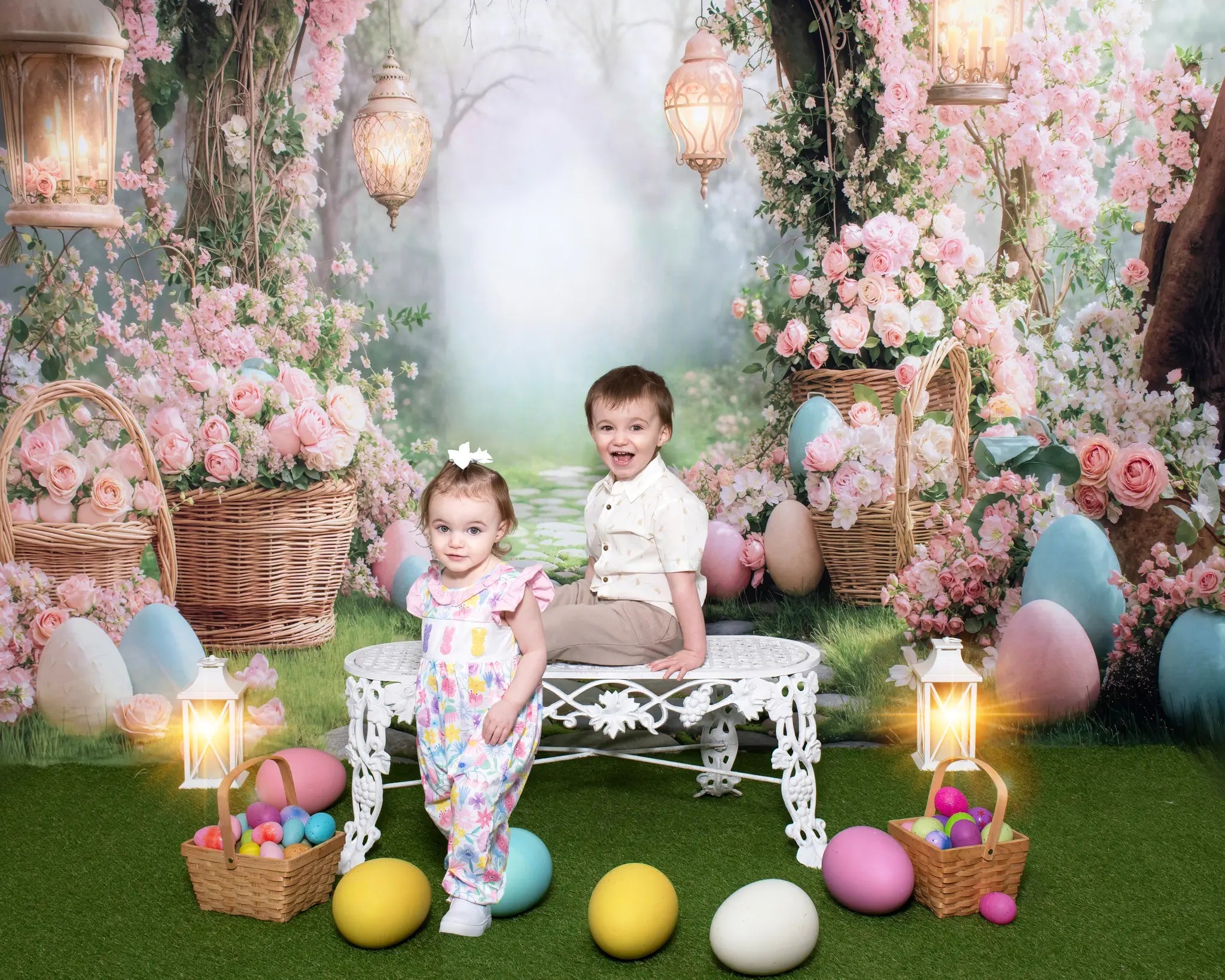 Kate Easter Bunny Flower Arch Pink Cobblestone Path Printed Backdrop Designed by Emetselch