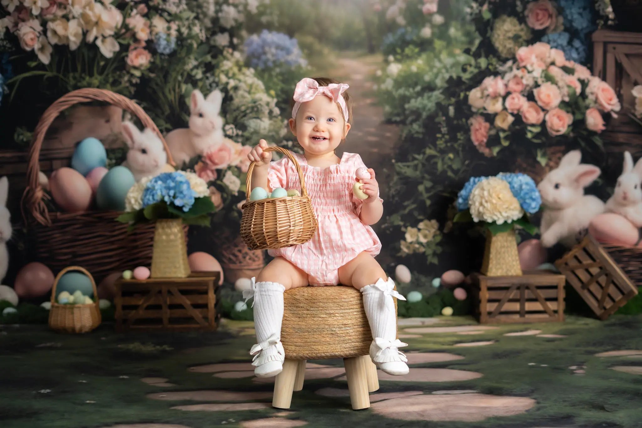 Kate Easter Bunny Flower Arch Pastel Eggs Forest Printed Backdrop Designed by Emetselch