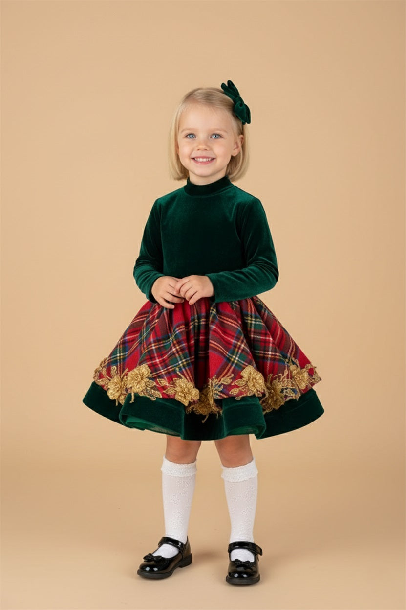 Kerst Velvet Rood Groen Gestreepte Meisjesjurk voor Fotografie