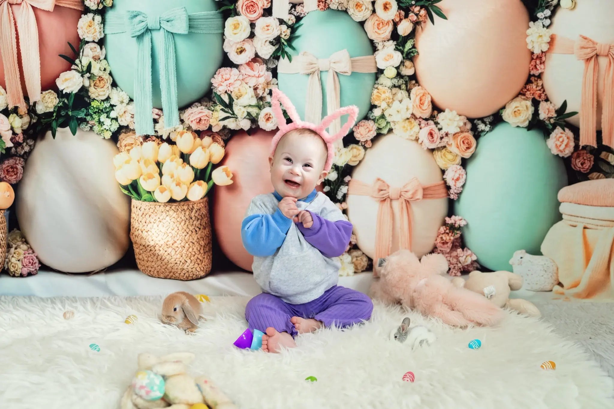Kate Easter Bunny Pastel Eggs Flower Arch Printed Backdrop Designed by Patty Roberts