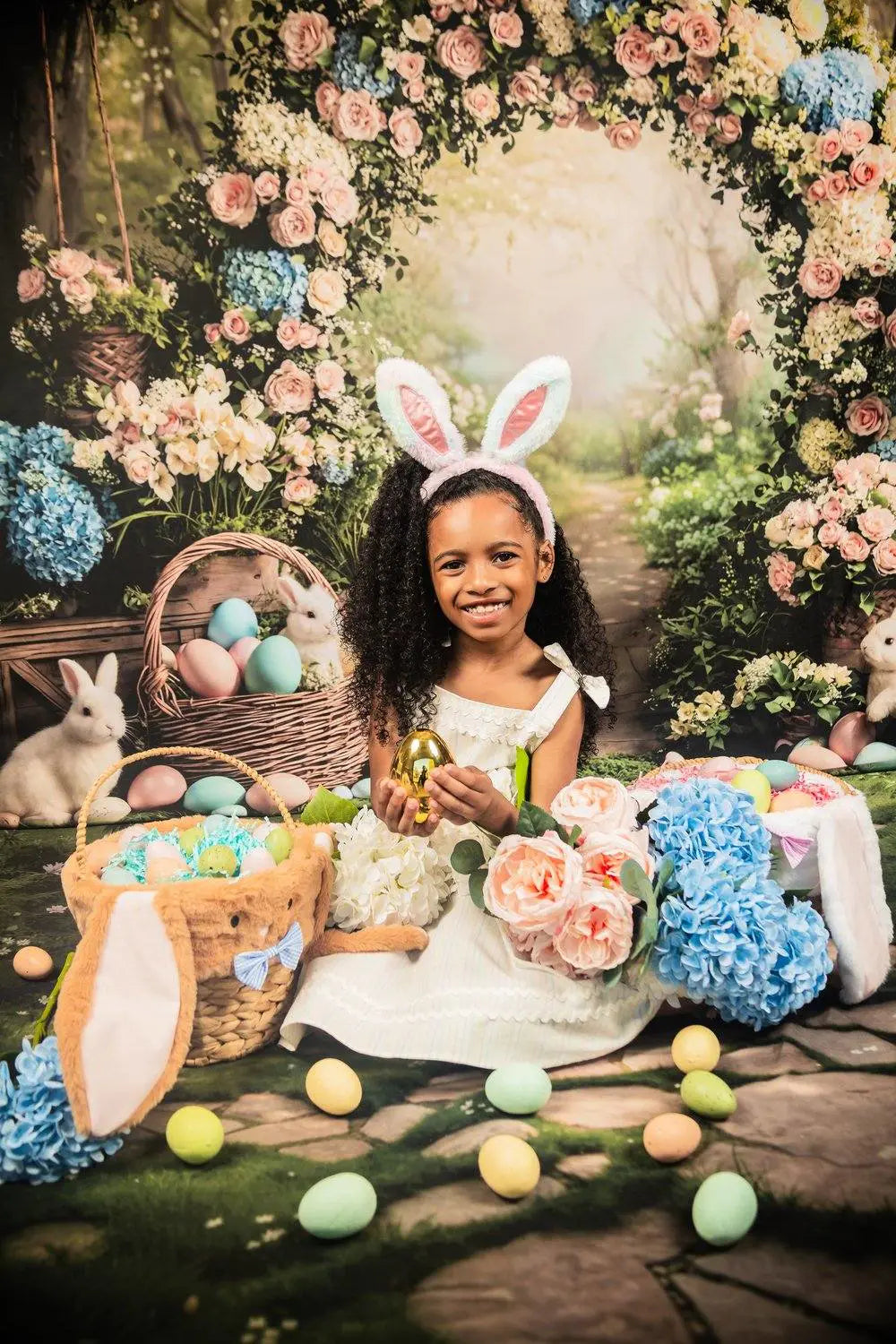 Kate Easter Bunny Flower Arch Pastel Eggs Forest Printed Backdrop+Stone Pathway Mossy Green Garden Floor Printed Backdrop