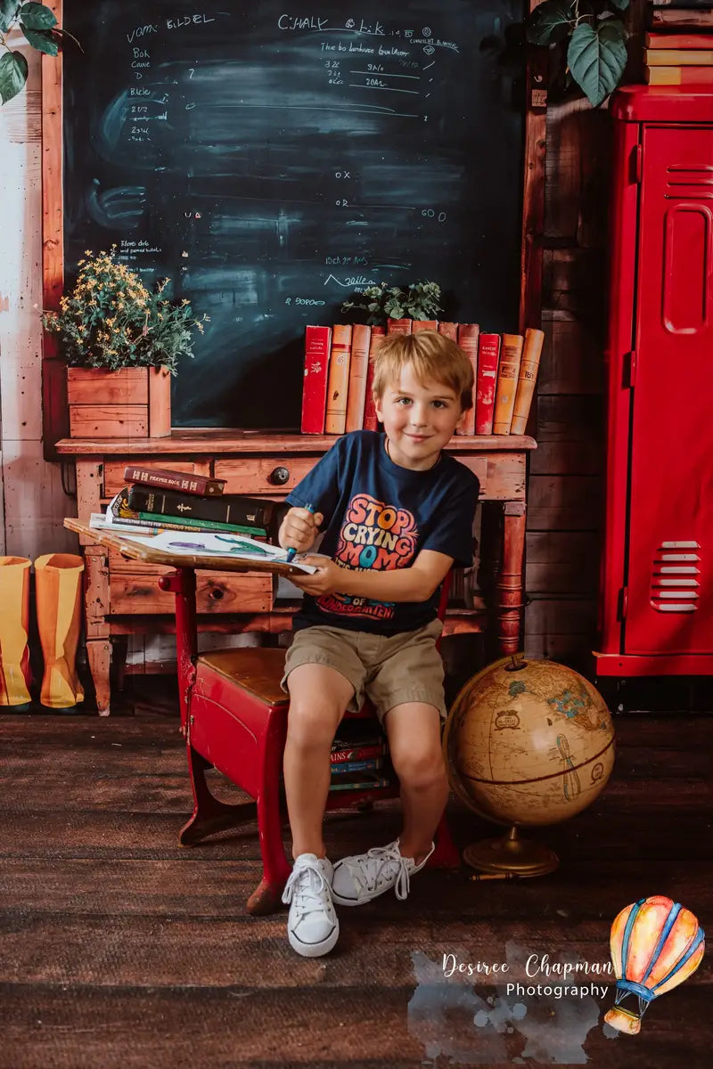 Kate Back to School Red Locker Blackboard Wooden Striped Wall Backdrop+Dark Brown Old Wooden Floor Backdrop