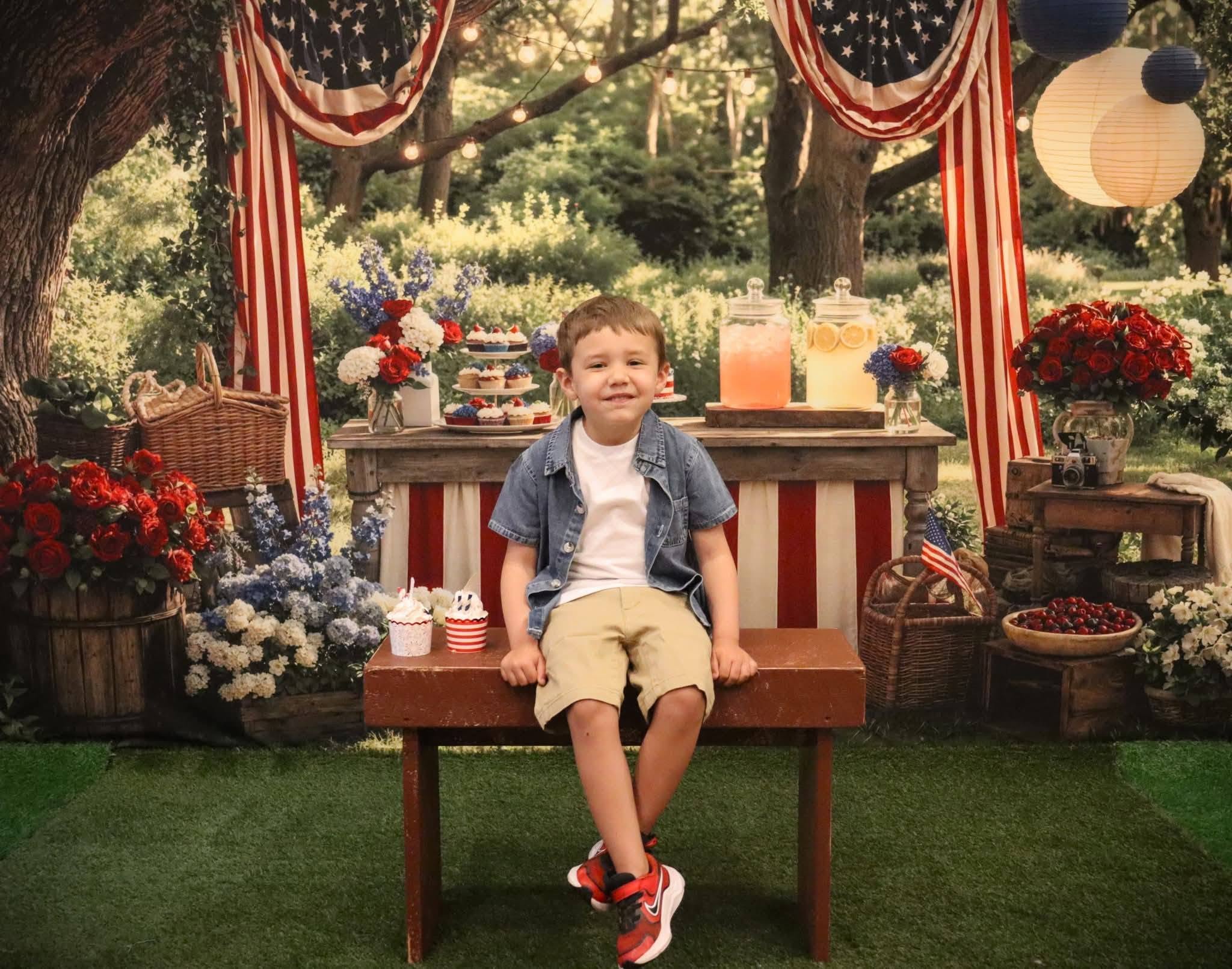 Kate Independence Day Patriotic Picnic Table Red White Blue Flowers American Flags Printed Backdrop Designed by Emetselch