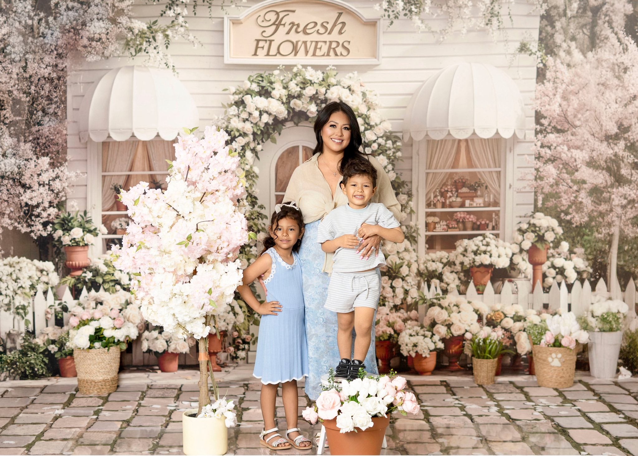 Kate Spring Flower Arch White Shop Picket Fence Printed Backdrop Designed by Emetselch