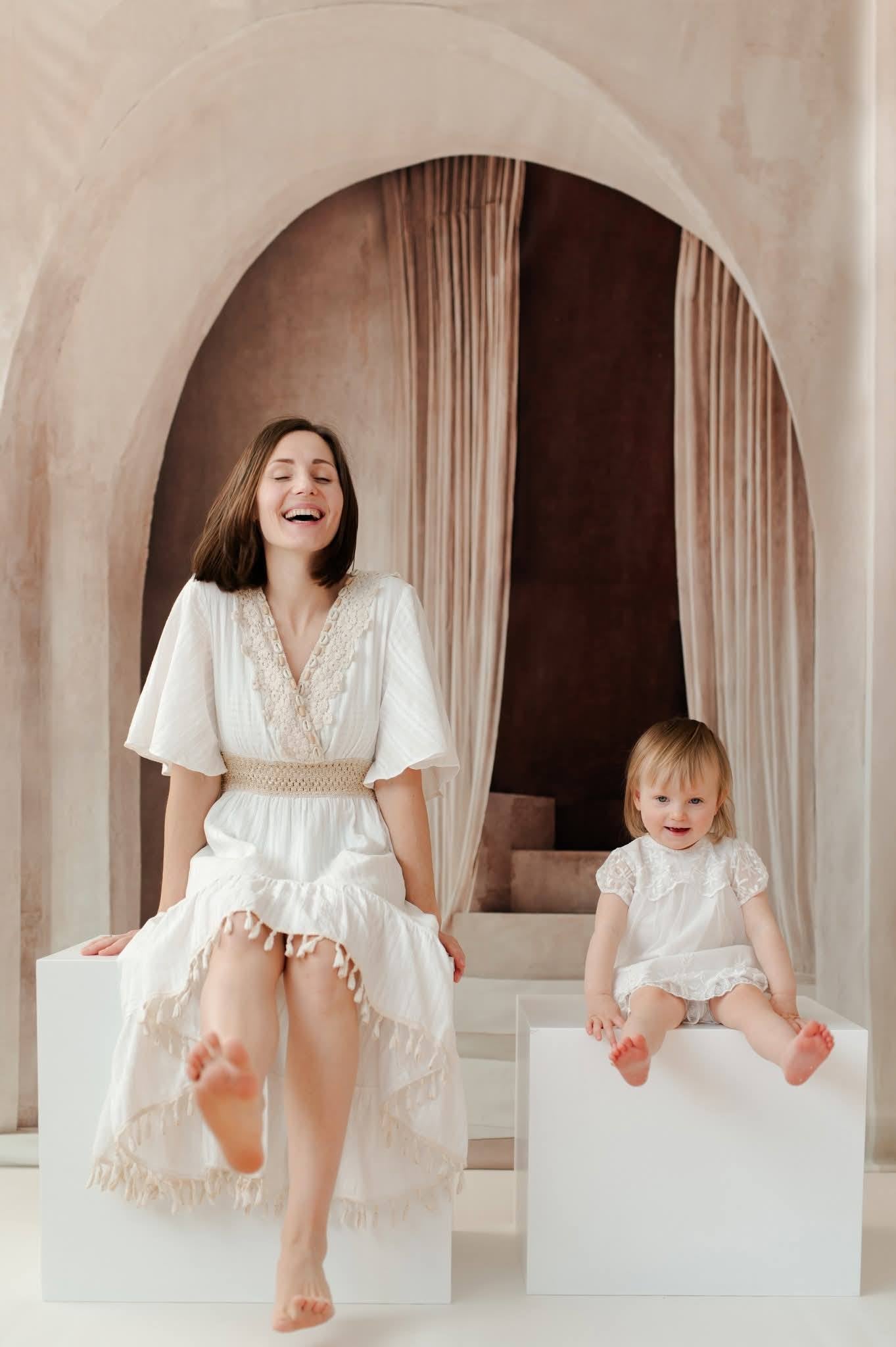 Kate Neutral Minimalist Arch Cascading Stairs Printed Backdrop Designed by Emetselch