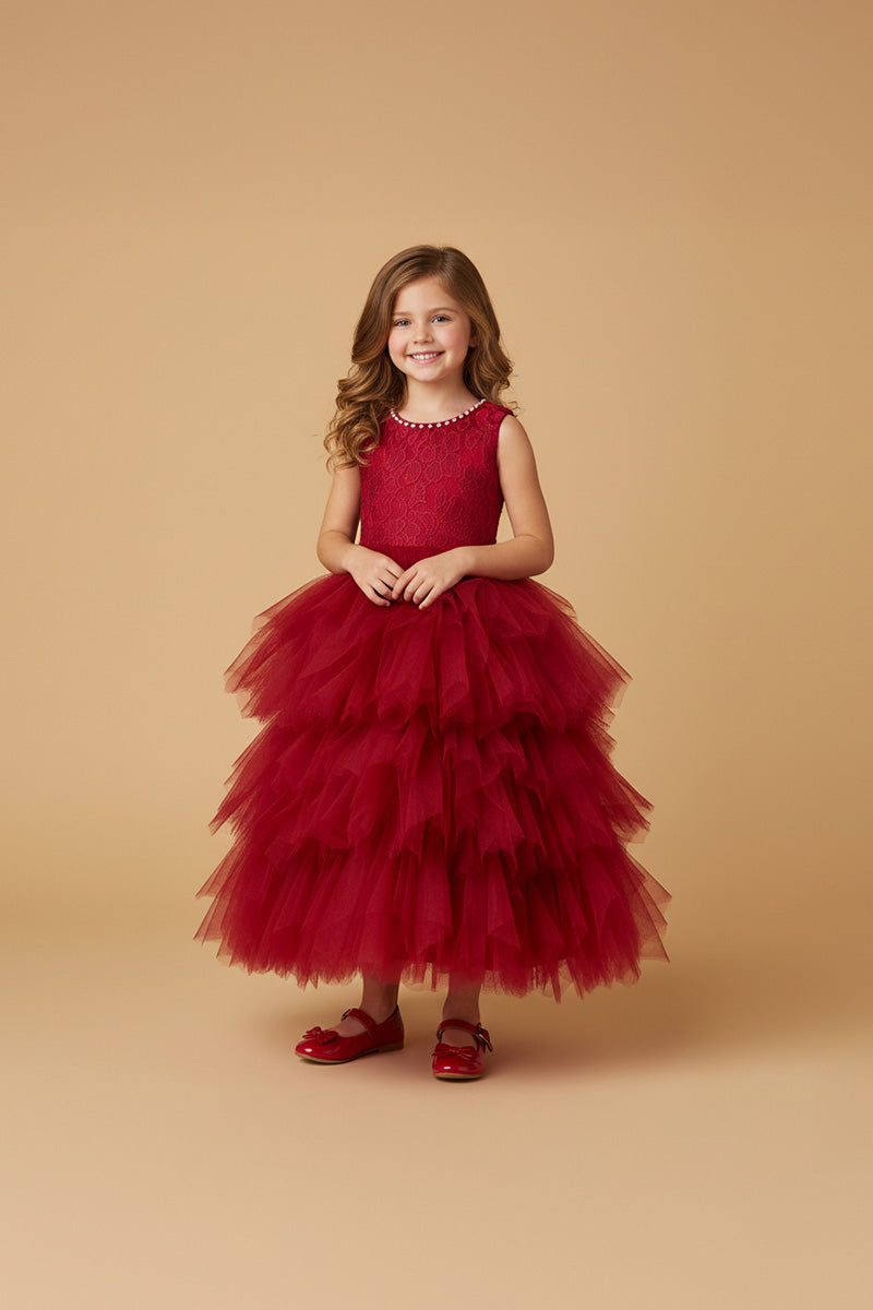 Kate Red Pearl Collar Puffy Dress For Children, 5Y